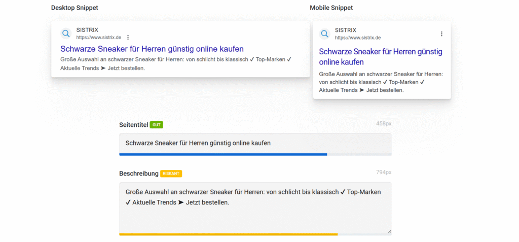 Screenshot von Metadaten Google Snippets auf der Seite Google Ranking verbessern