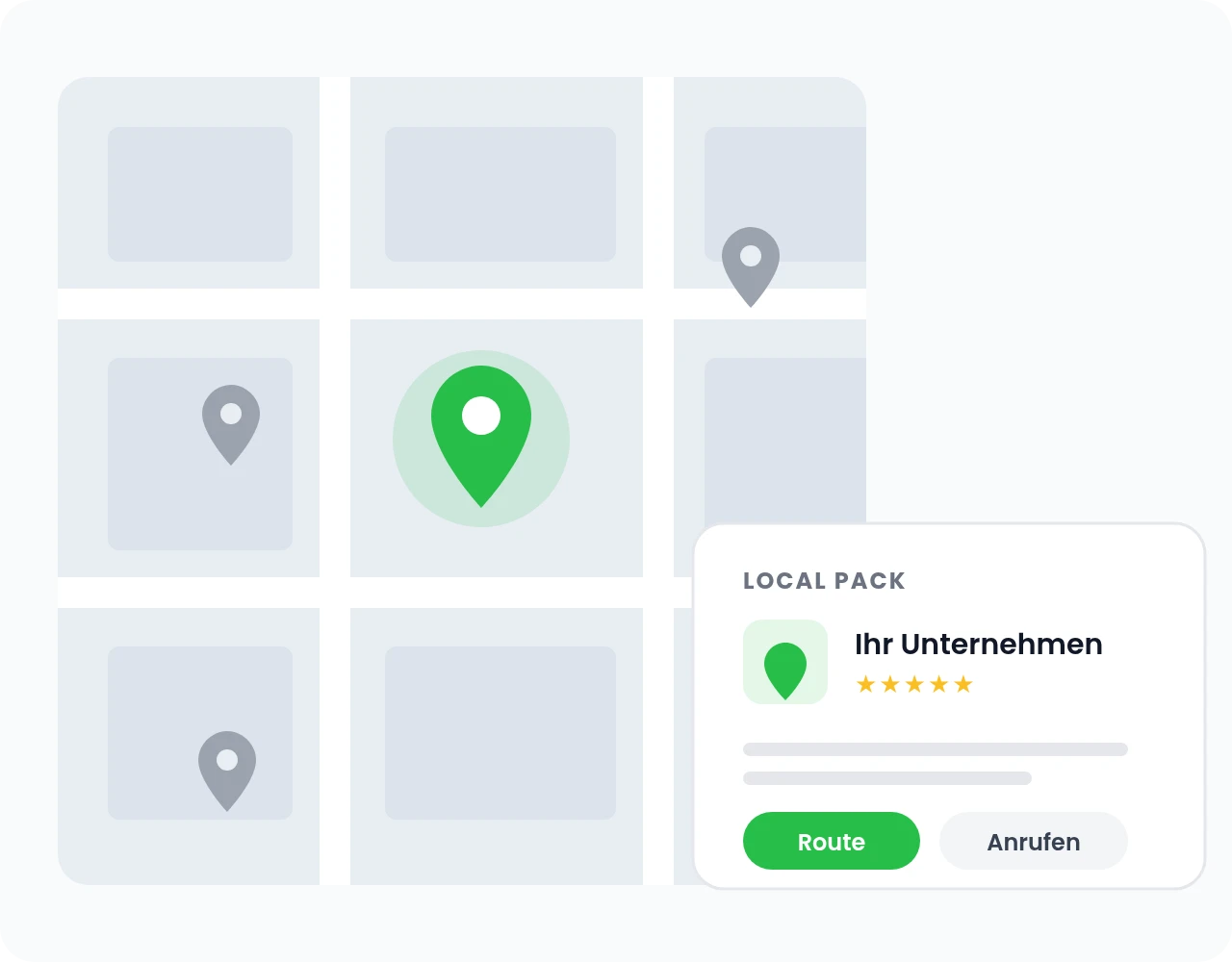 Kartenausschnitt mit Standortmarkierungen und einem Local-Pack-Eintrag mit Fünf-Sterne-Bewertung sowie den Buttons Route und Anrufen